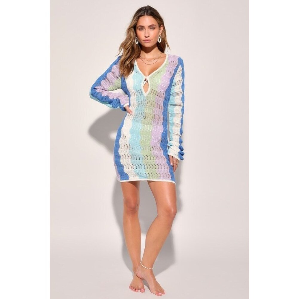 Lulus Barbados Bliss Blue Multi Striped Sheer Crochet Swim Cover-up - Size S